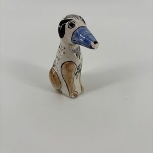 Tonala Mexican Folk Art Dog Figurine Small Blue Tan White Good Hand Painted 3.5"